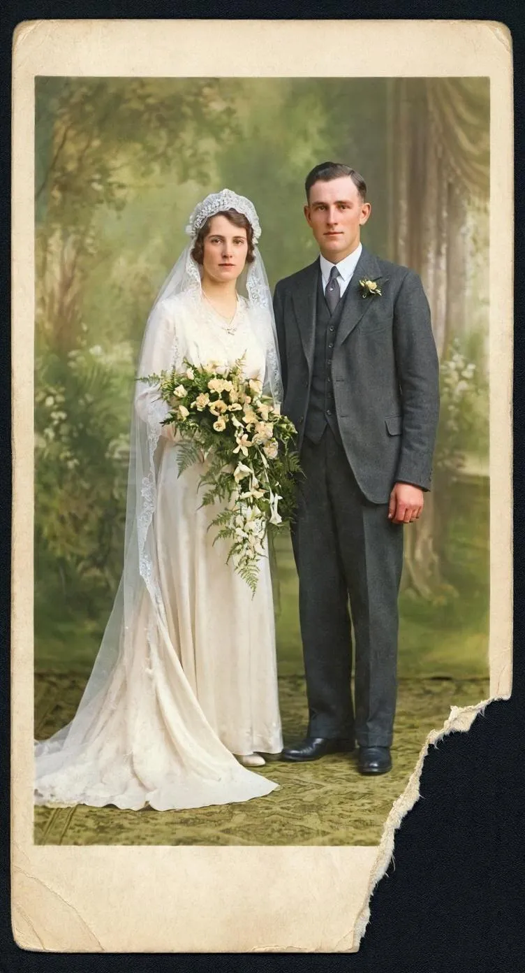 The same wedding portrait restored, with the crease, torn corner and stains repaired