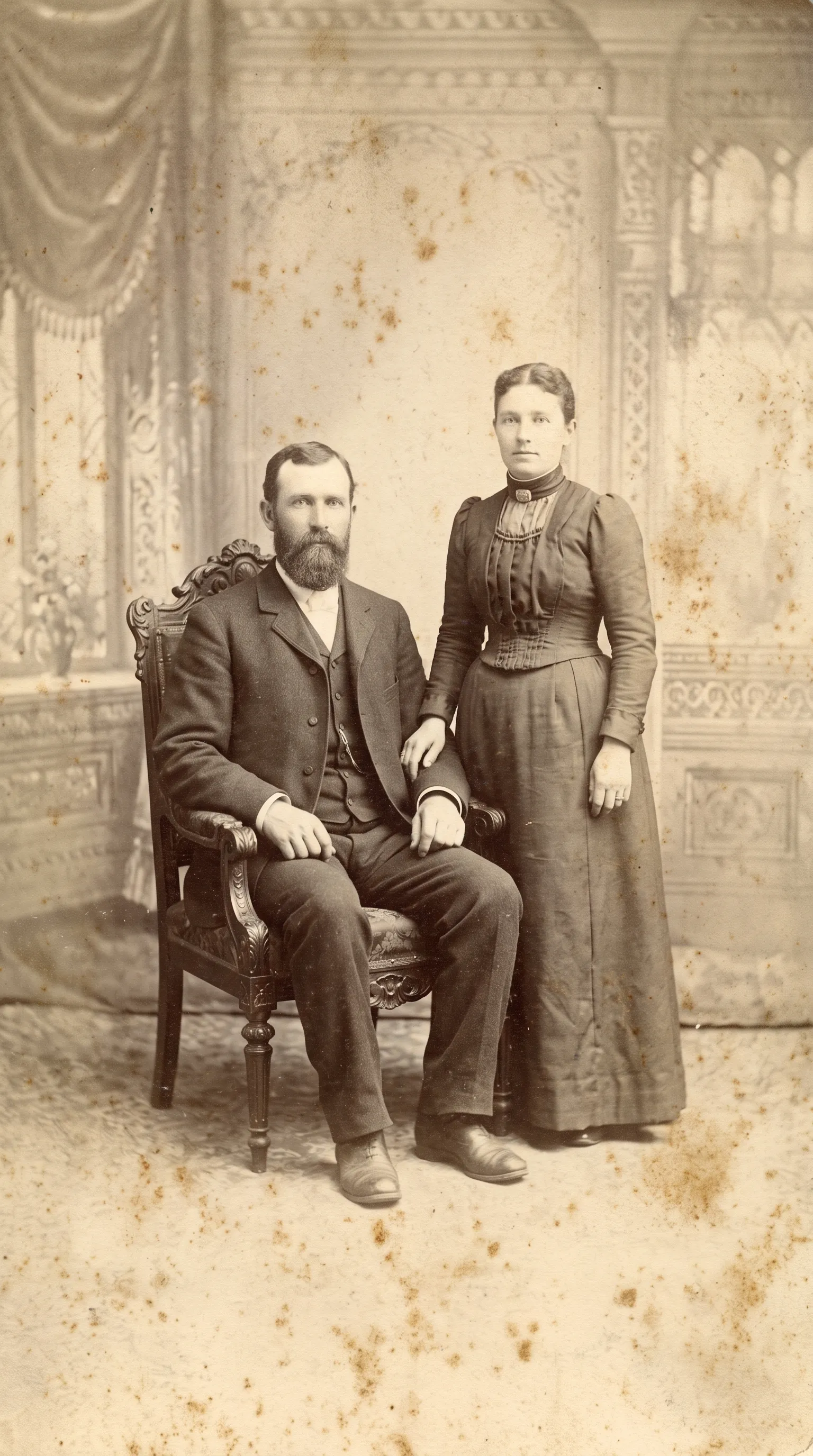 Faded sepia cabinet card from around 1900 of a seated man and his wife, with foxing spots and a small tear