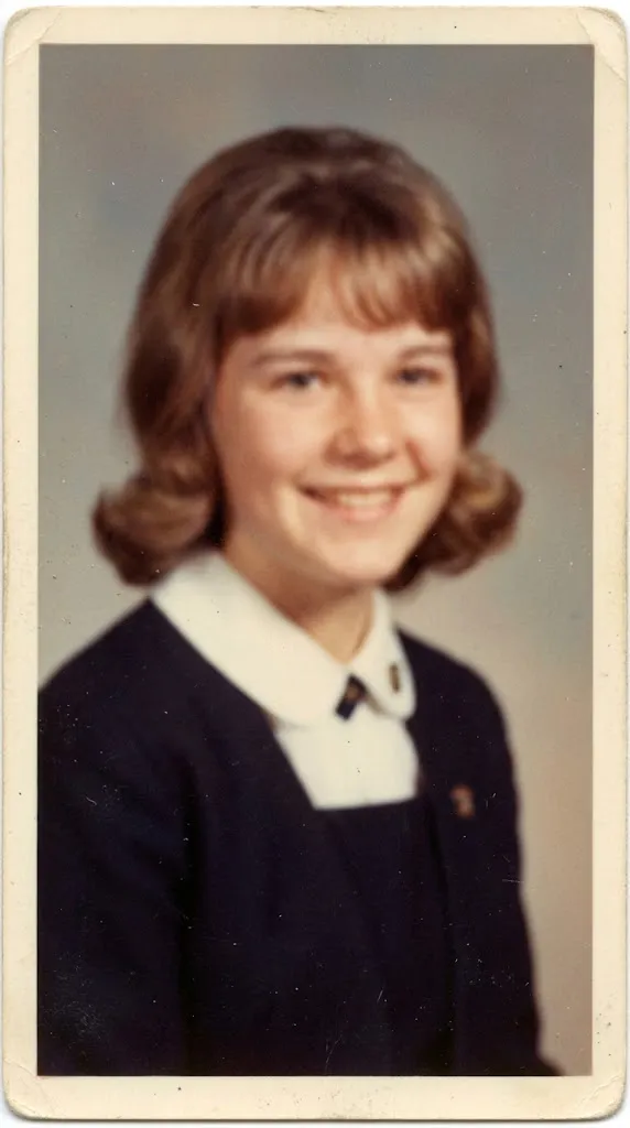 Small, soft 1960s wallet-sized photo of a teenage girl in a school uniform