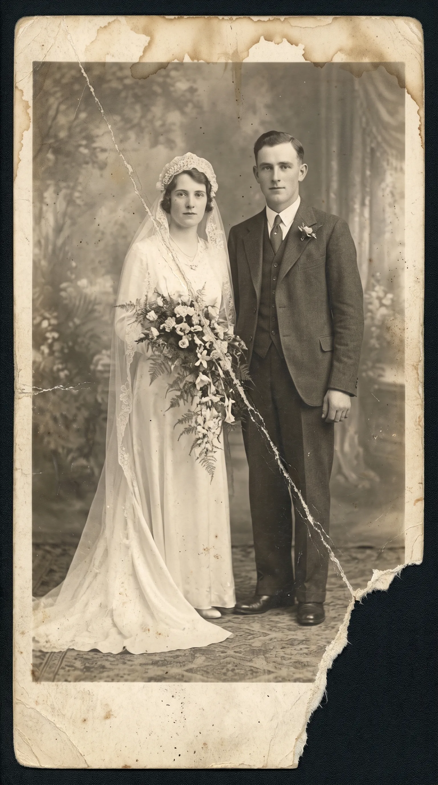 Faded 1930s sepia wedding portrait with a deep diagonal crease, a torn corner and water stains