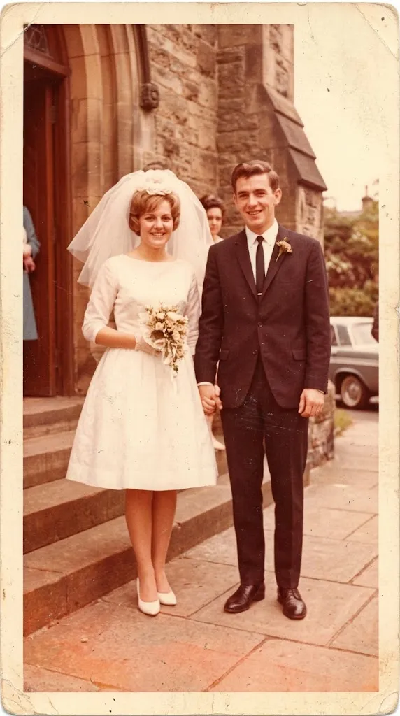 Faded 1960s color wedding photo of a couple on church steps with an orange color shift and scratches