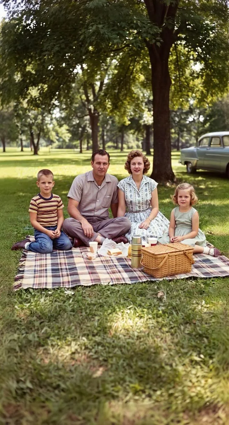 The same family picnic photo restored with natural colors and the scratches removed