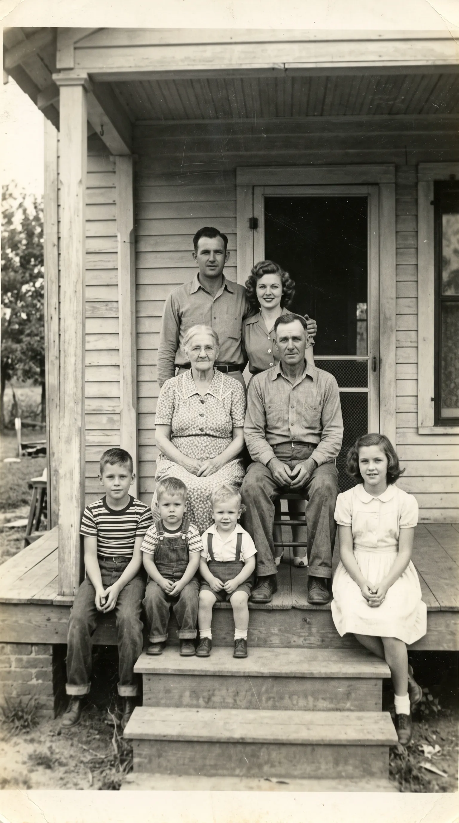 Faded black-and-white 1910s photo of three generations of a family on a farmhouse porch