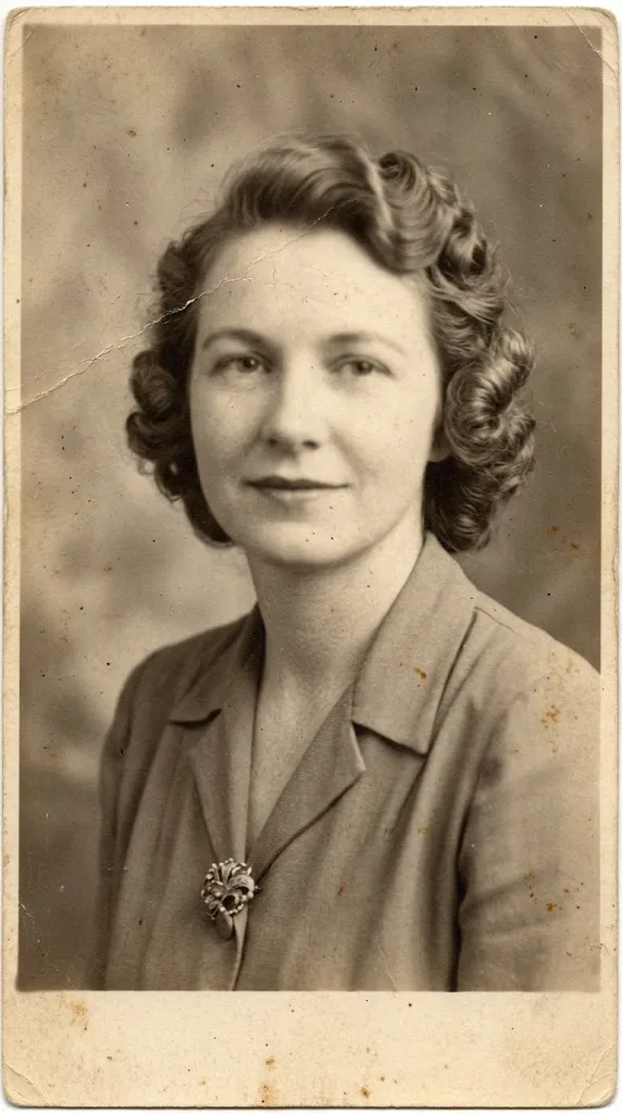 Faded, creased 1940s sepia portrait of a woman with curled hair and a brooch