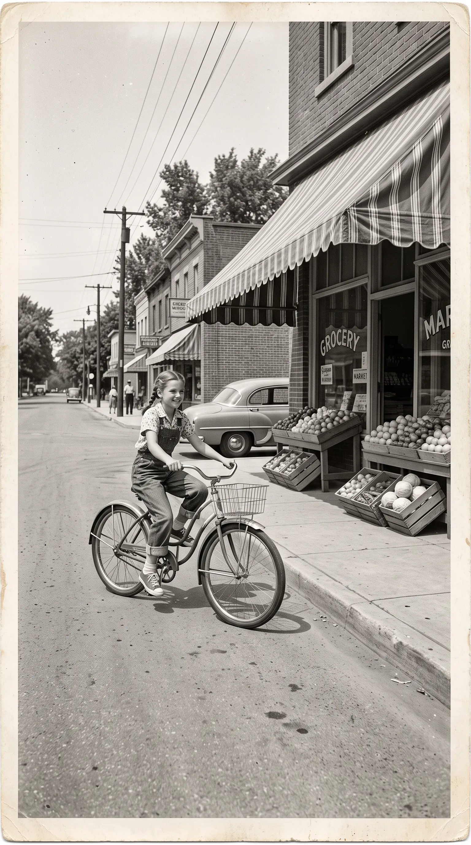 Black-and-white 1950s photo of a girl riding a bicycle past a small-town grocery shop