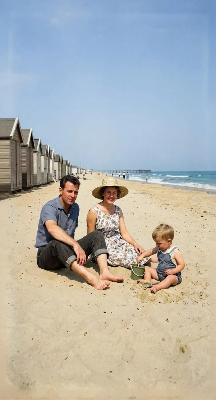 The same seaside family photo colorized in the Vintage style