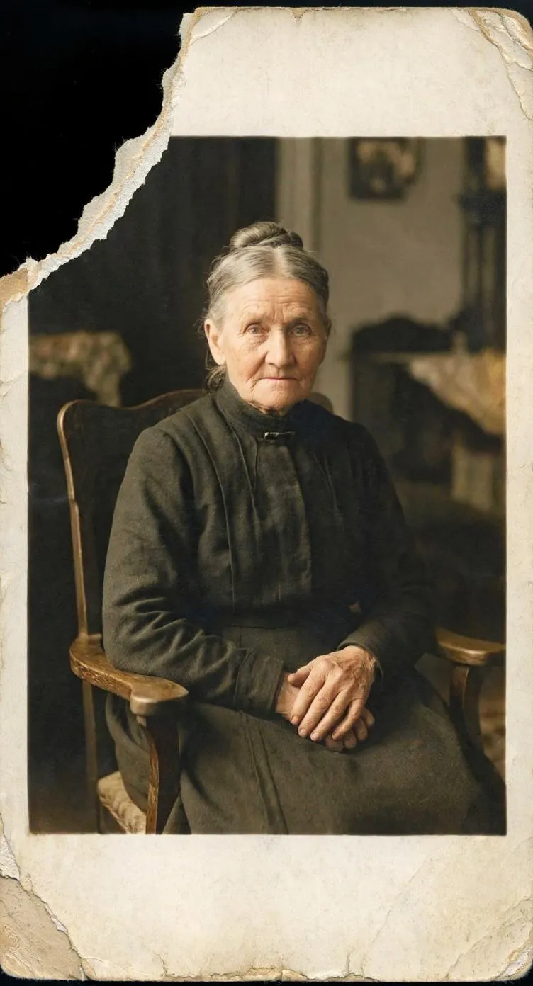 The same portrait of the elderly woman restored, with the cracks and missing corner repaired