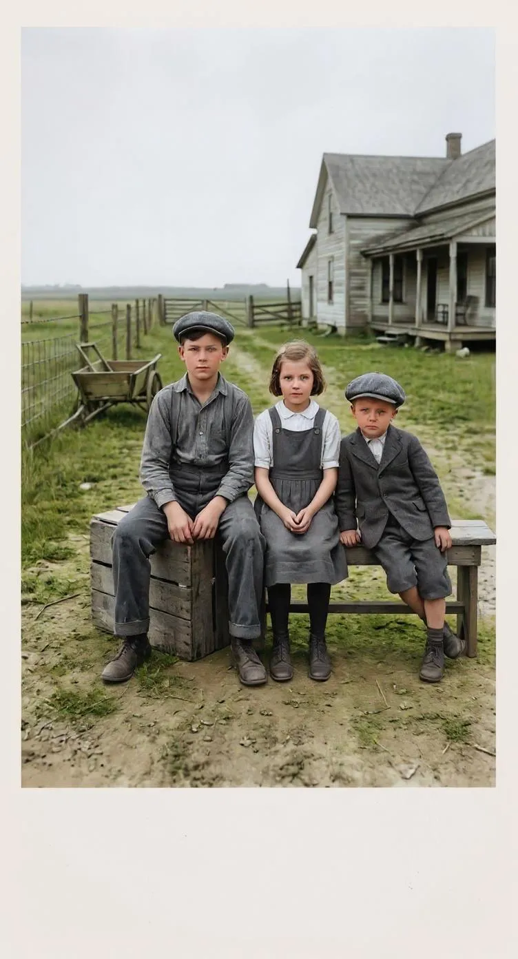 The same photo of the three siblings with the water stains, tape marks and torn edge repaired
