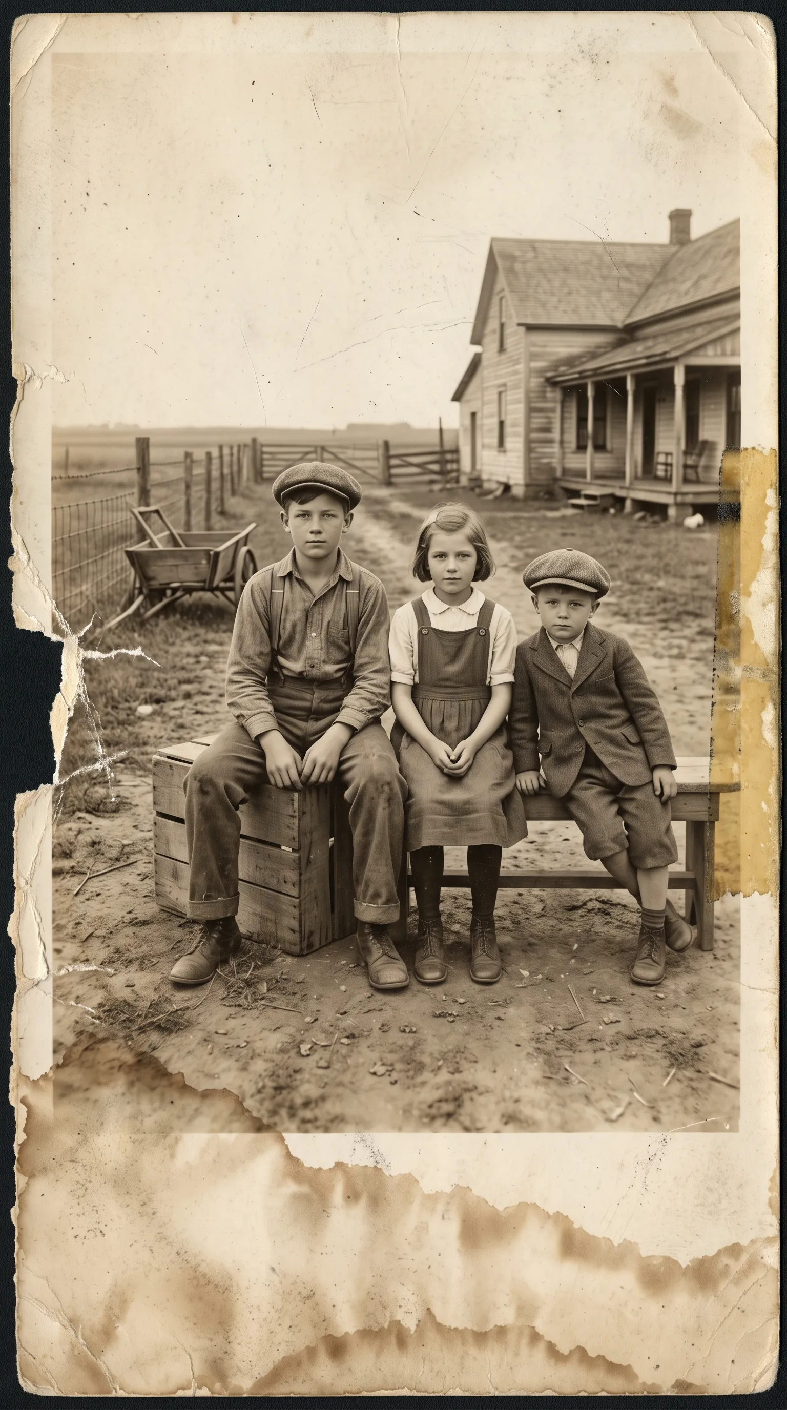 1930s sepia photo of three siblings outside a farmhouse with water stains, tape residue and a torn edge