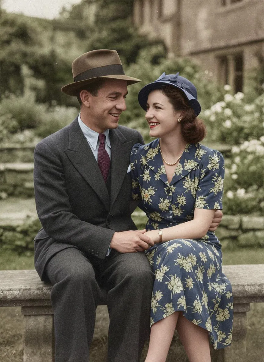 The same couple colorized, the man in a brown tweed suit and fedora and the woman in a navy floral dress