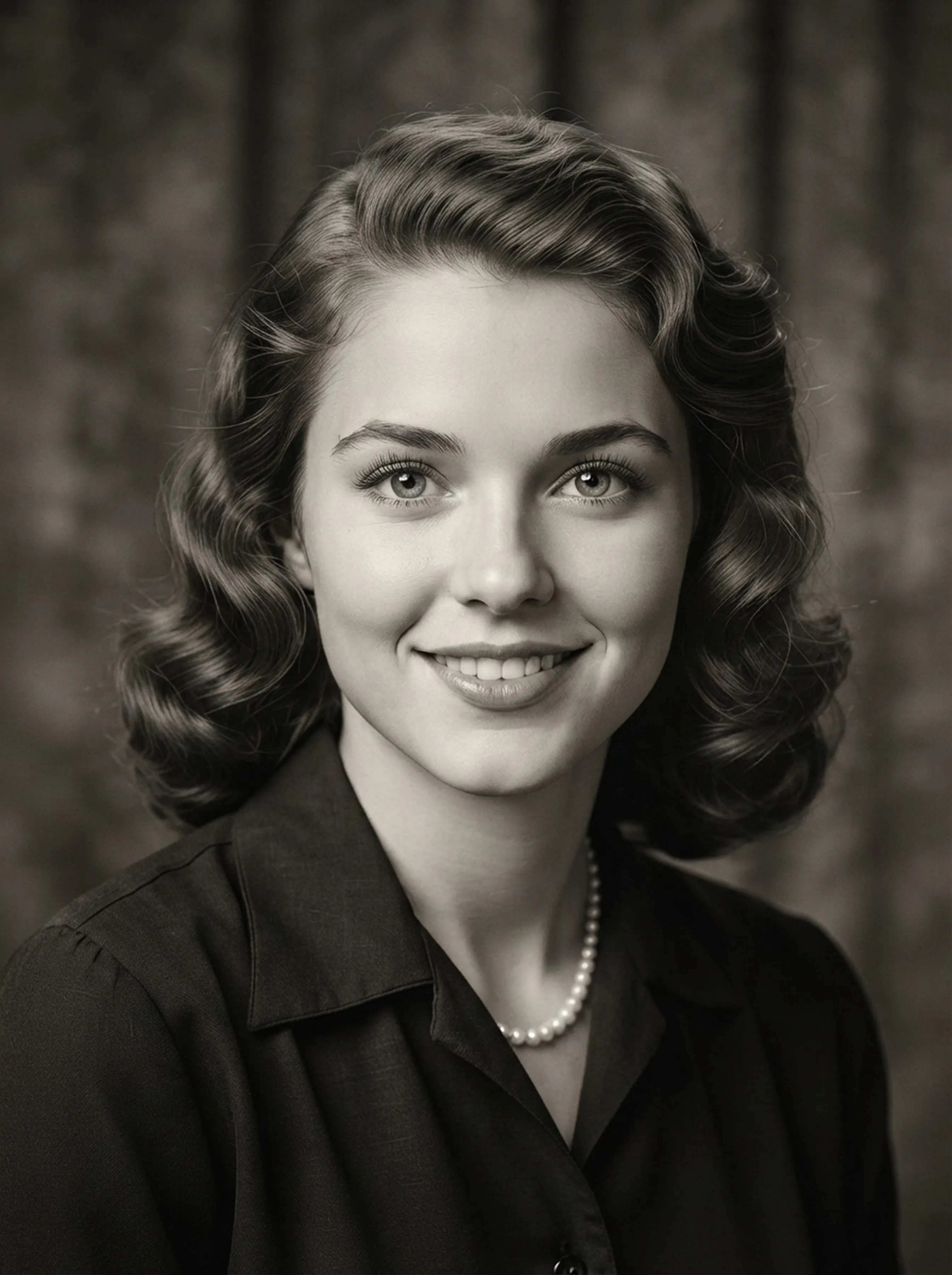 Sharpened portrait of the same young woman with wavy hair and a pearl necklace