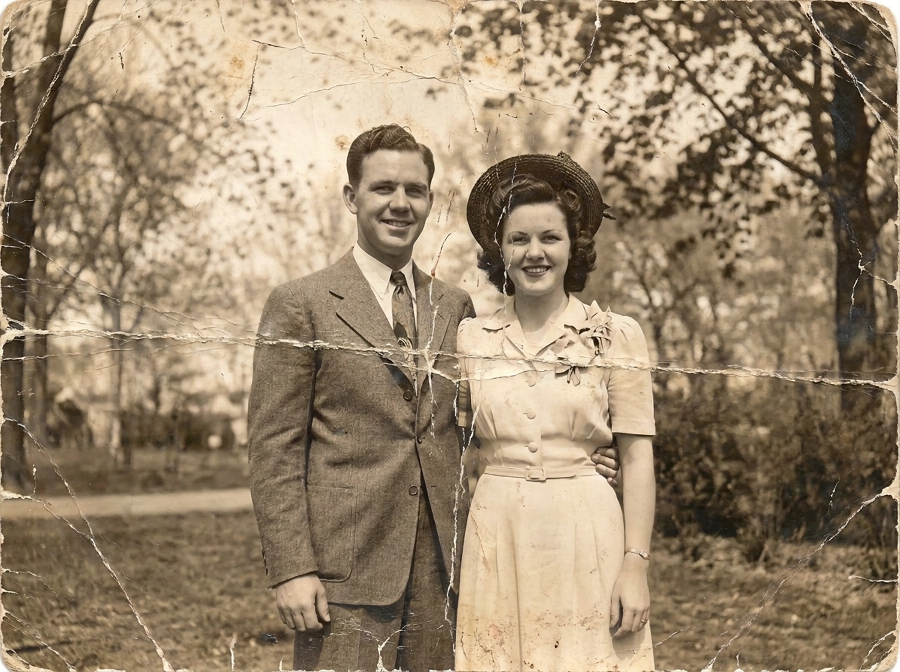 Torn and creased sepia photo of a couple standing in a park
