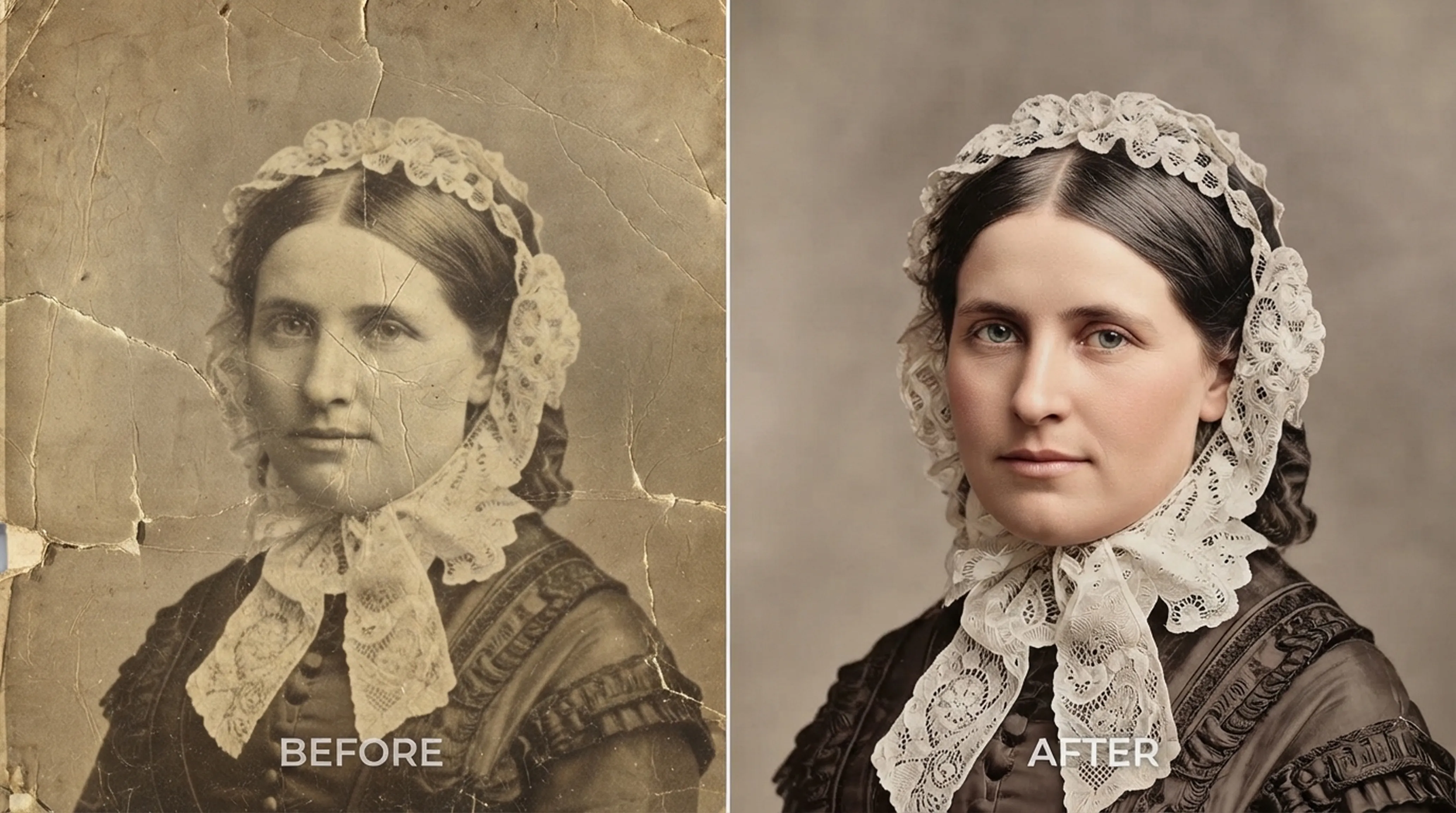 Faded sepia portrait of a woman in a lace bonnet next to a restored, colorized version