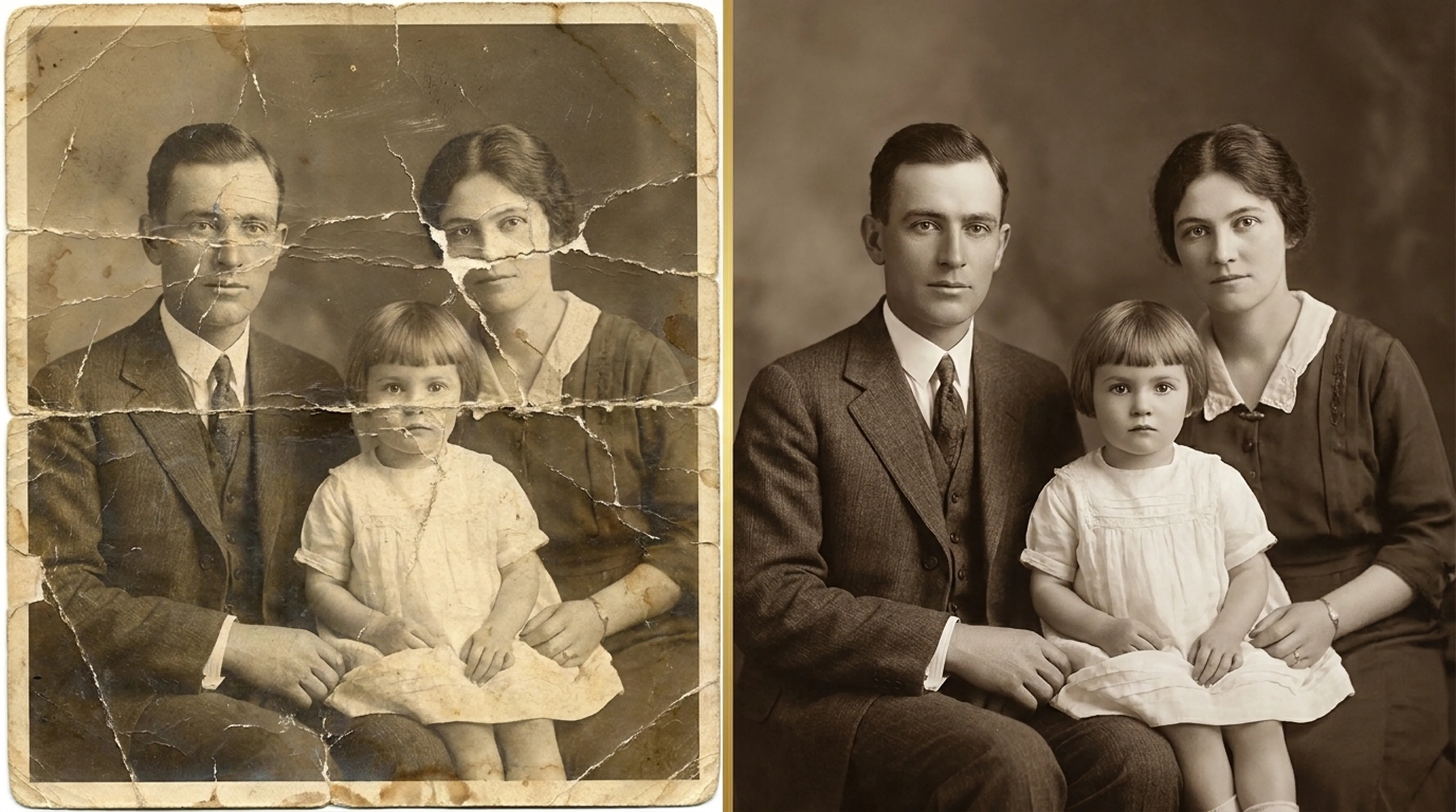 Torn and creased 1920s family portrait next to its restored version
