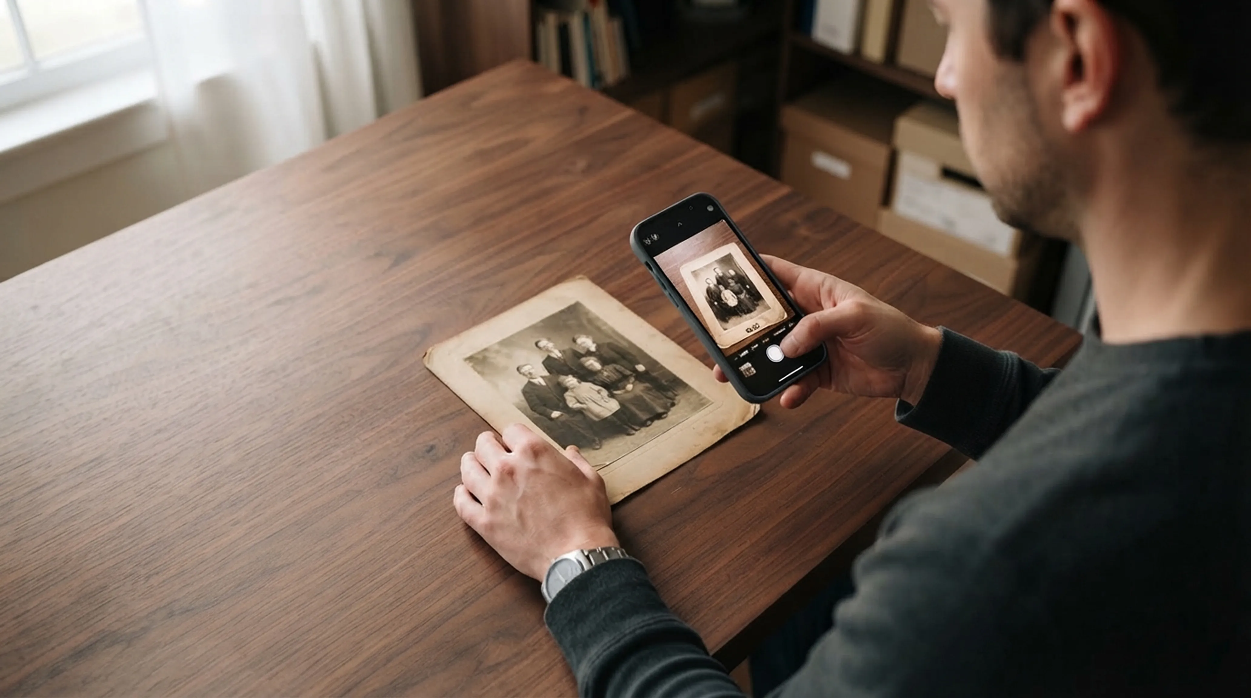 Person photographing an old family photo on a wooden table with a smartphone
