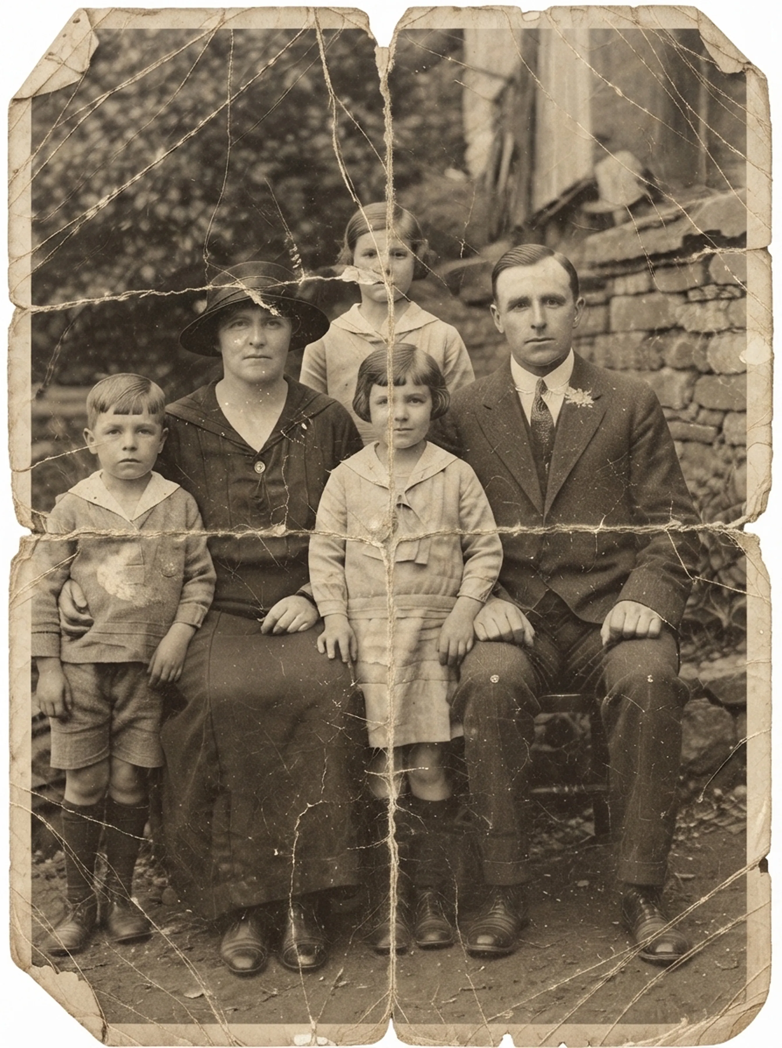 Torn and folded black-and-white photo of a family of five